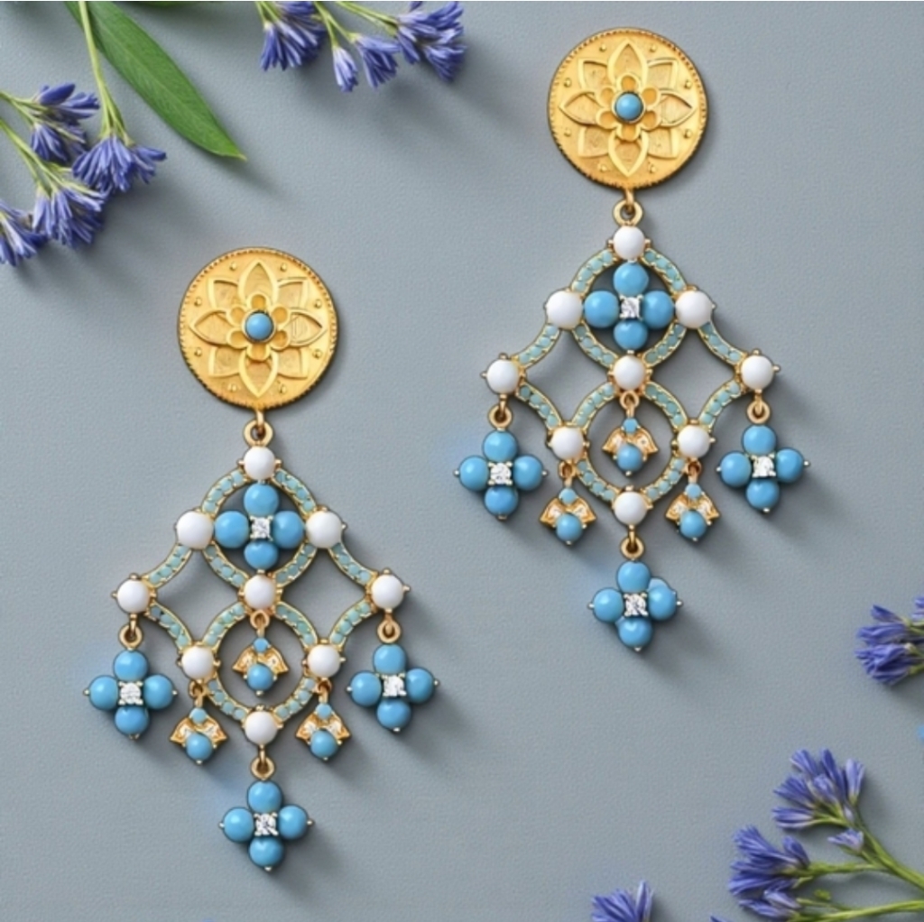 New Gold Clover Turquoise White Crystal Chandelier Earrings 35$